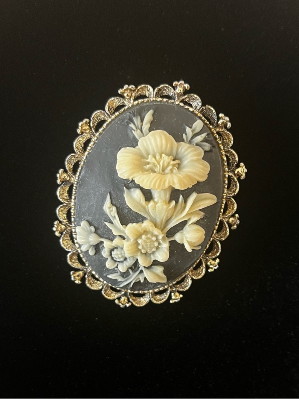 Vintage Cameo Brooch – Black & Ivory Floral Relief Gold Tone Trim-Signed Gerry’s